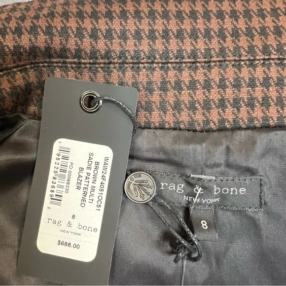 Rag & Bone Sadie Houndstooth Blazer In Brown Multi Sz 8 NWT